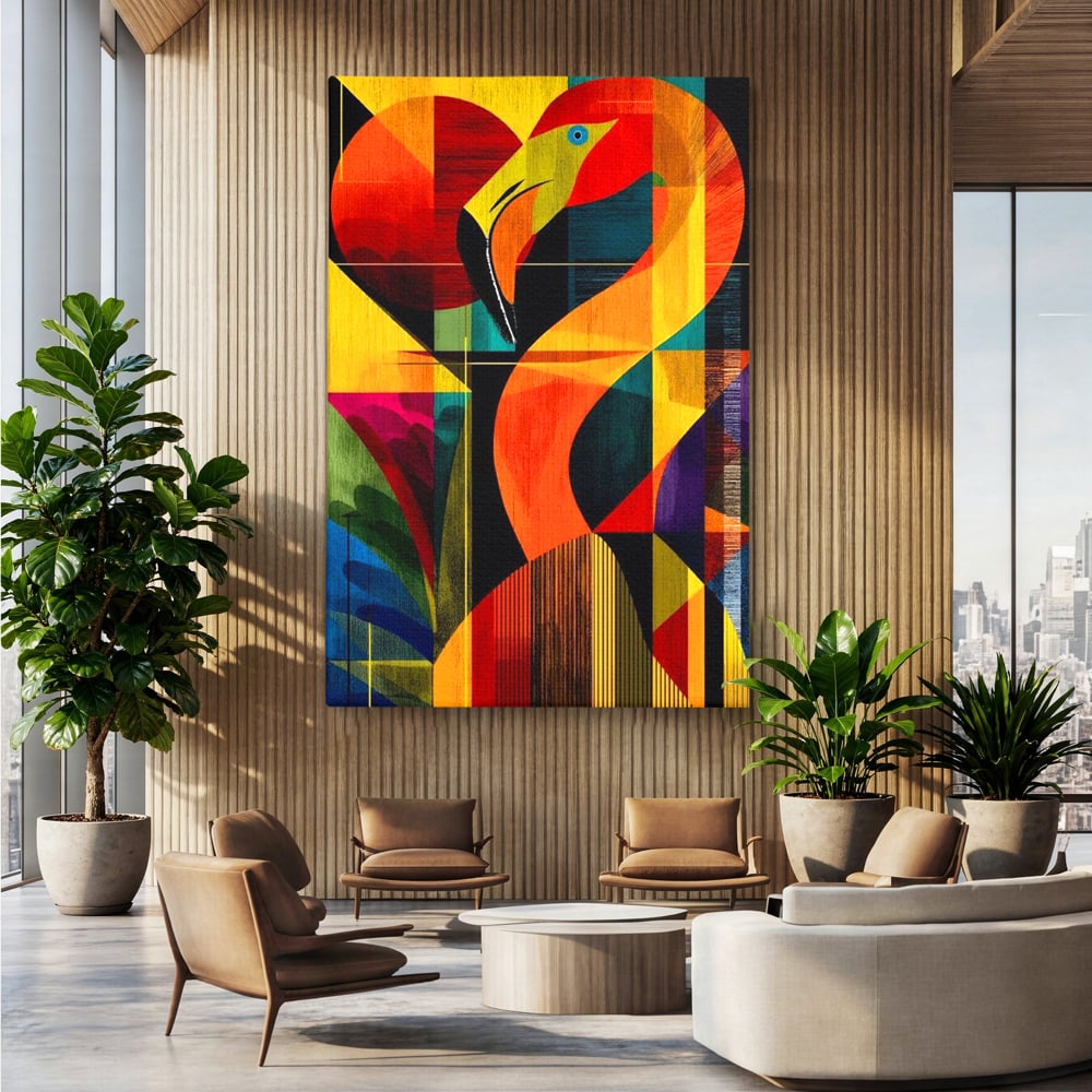 Tablou canvas cu tablou canvas cu flamingo geometric, fara rama, pe sasiu de lemn, pe perete intr-un birou